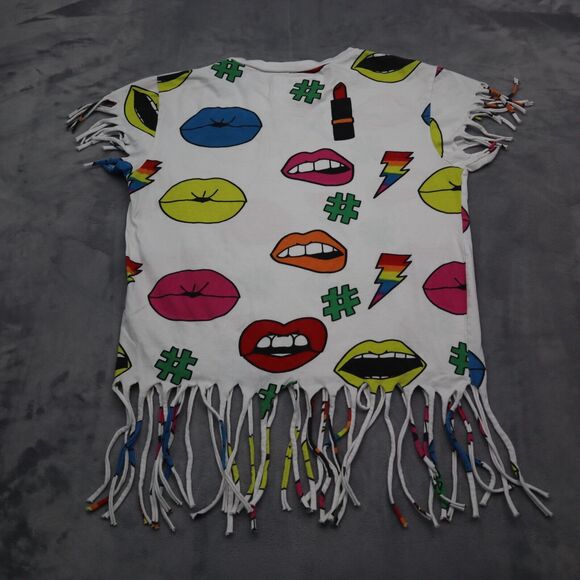 On Fire Shirt Womens L Multicolor Short Sleeve Crew Neck Fringe Hem Tee - Picture 13 of 14